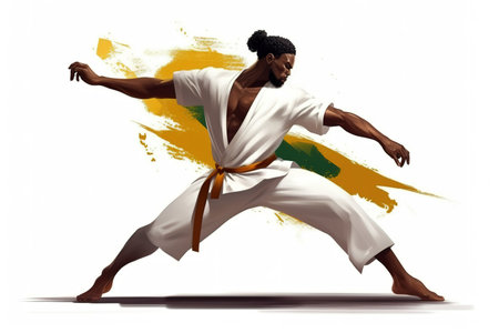 Capoeira Brazilian dancer digital paint over white background. Generative AI illustrationの素材
