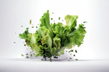 Lettuce suspended in air over white studio background. Healthy lifestyle concept. Generative AIの素材