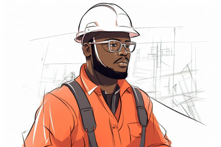 Illustration of Male engineer wearing hard hat and protective glasses over. Generative AI illustrationの素材
