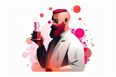 Man scientist holding Erlenmeyer flask in hand. colorful minimal flat design illustration. Generative AI illustrationの素材