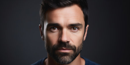 Hispanic young attractive man close up face shot over studio background. Dark background. Generative AIの素材