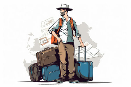 Male traveler with his luggage and suitcases ready for a new adventure. Abstract digital illustration over white background. Generative AIの素材