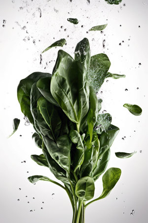 Bunch of spinach floating suspended in air over white studio background. Generative AI vertical shotの素材