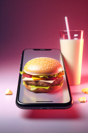 Smartphone with 3D hamburger representing fast food delivery apps. Generative AI vertical illustrationの素材