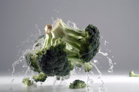 Fresh broccoli suspended in motion with splash of water over white studio background. Generative AIの素材