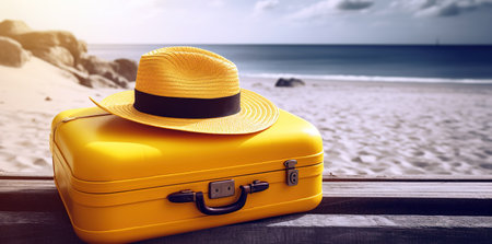 Yellow suitcase with summer hat on a wooden bench by the beach. Summertime advertising banner.の素材