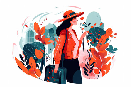 Minimal colorful illustration. Traveler woman enjoying outdoors. Generative AIの素材