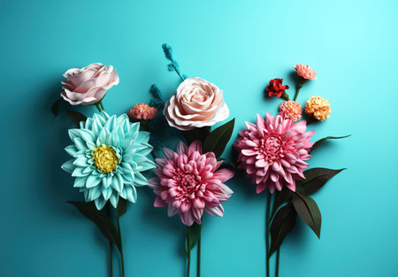 Colorful flowers over light blue background. Generative AIの素材