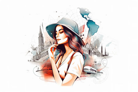 Woman traveler conceptual illustration. White background banner. Generative AIの素材