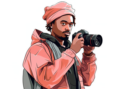 Young African American professional photographer. Minimal digital illustration over white background. Generative AIの素材