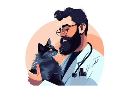 Flat design illustration of Veterinary holding cat. White background banner. Generative AIの素材