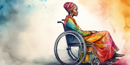 Colorful digital painting of African woman in wheelchair. Copy space for text. Inclusion and diversity concept. Generative AIの素材