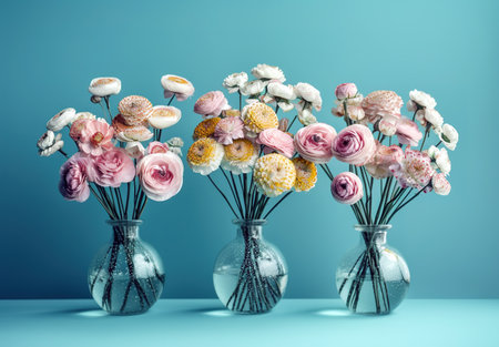 cute flowers in vase over blue background. Generative AIの素材