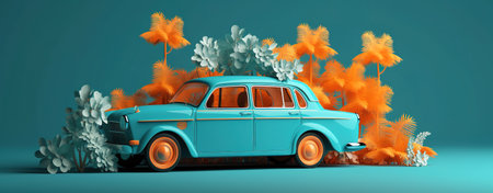 Classic car in turquoise color over blue background and colorful flowers. Generative AIの素材
