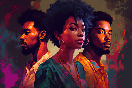 Illustration of young African American millennials over colorful sketchy background. Generative AIの素材
