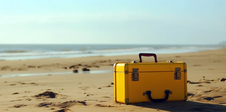 Suspicious yellow suitcase on the beach. Generative AIの素材