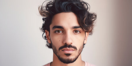 Latin millennial man portrait. Close up head shot over studio background. Generative AIの素材