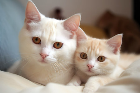 Cute white cat with her little baby kitten. Generative AIの素材