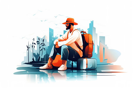 Colorful modern illustration of traveler man sitting over his luggage. Minimal flat design art. Generative AIの素材