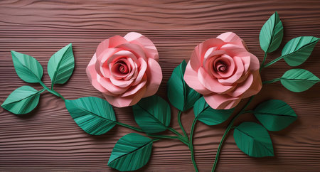 Pink rose papercut flowers on wooden background. Generative AI illustrationの素材