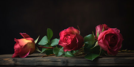 Close up shot of Magenta roses over wooden table and dark background. Generative AIの素材