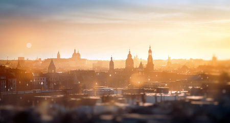 European city skyline under warm sunbeam at sunset. Generative AIの素材