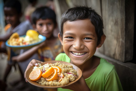 Adorable smiling child in poor conditions happy for having a plate full of food. Generative AIの素材