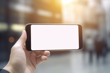 Close up shot of male hand holding smart phone with screen on white for copy space. Generative AIの素材