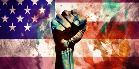 American flag with a fist rising up. Generative AI illustrationの素材
