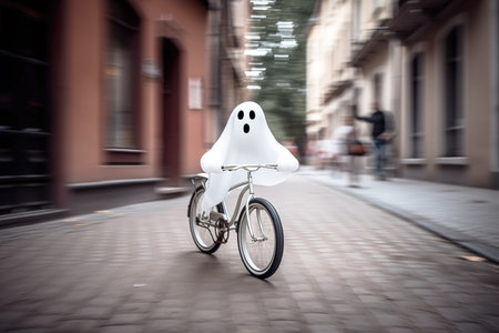 Ghost riding a bike in the street during daylight. Halloween concept. Generative AIの素材