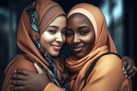 Muslim women embracing each other with love and care. Generative AIの素材