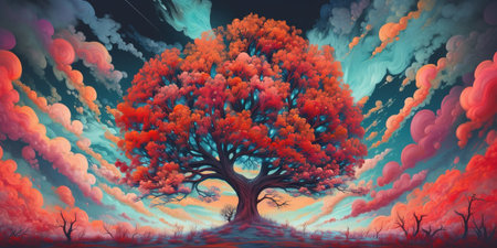 Illustration of a surreal tree over cloudy colorful sky. Psychedelic illustration with vibrant colors. Generative AIの素材