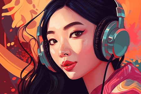 Colorful illustration of Asian girl wearing headphones. Digital art. Generative AI illustrationの素材