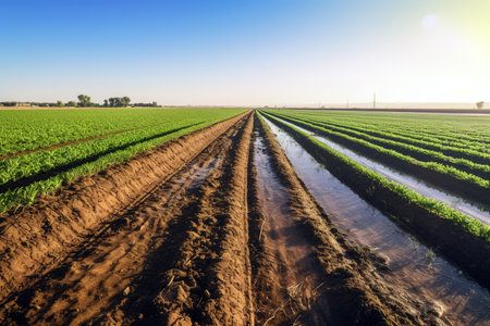 Green crop field full of water on a sunny day. Generative AIの素材