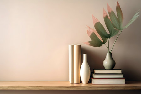 Vase with tropical leaves and books on wooden shelves with copy space. Generative AIの素材