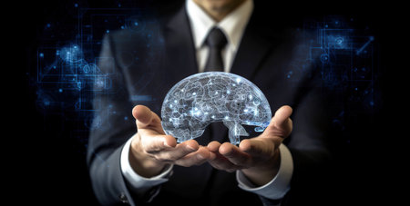Businessman holding with his hands a digital hologram of a brain. Generative AI digital compositionの素材