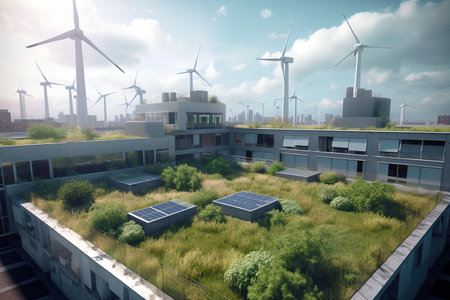 Green roofs in eco buildings with solar panels and wind turbines. Generative AI illustrationの素材