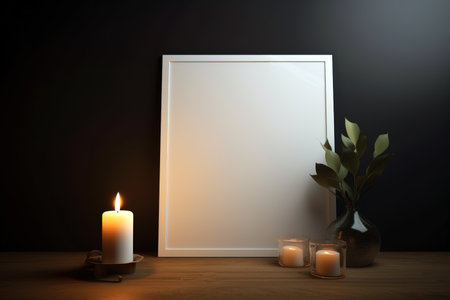 White canvas frame over dark background over wooden shelf with candles and a plant. Copyspace. Generative AIの素材