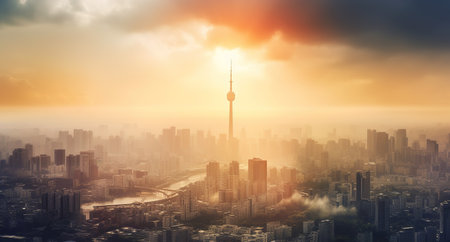 City modern skyline under the smoke of air pollution. Generative AIの素材