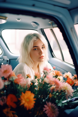 Gorgeous blond girl inside classic old car surrounded by colorful flowers. Generative AIの素材