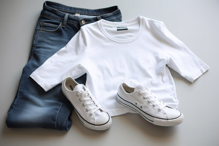 White basic T-shirt, jeans and white sneakers over white surface. Back to basic concept. Generative AIの素材