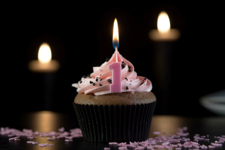 Cupcake birthday with candle with number 1 over dark background. Generative AIの素材