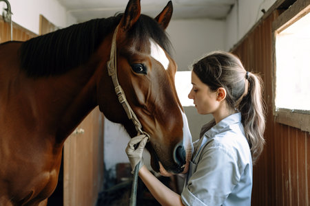 Female Veterinarian checking on horse. Generative AIの素材