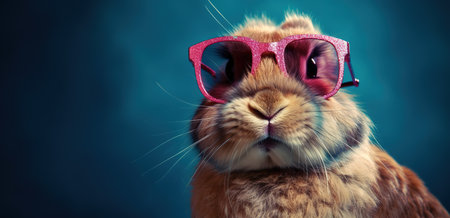 Cute rabbit wearing stylish colorful sunglasses over dark background studio shot with copy space. Generative AIの素材