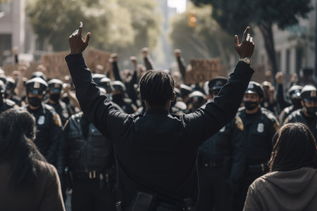 Back view of police men protesting in the streets. Generative AIの素材