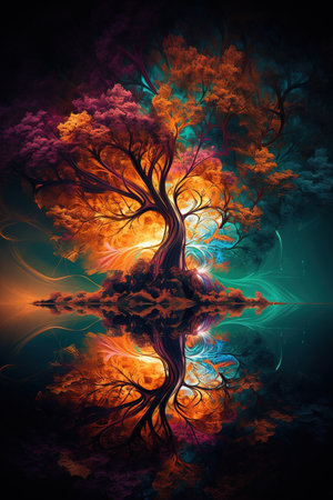 Abstract colorful dreamy trees under the night. Generative AI vertical illustrationの素材