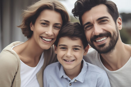 Happy Caucasian family with mom, dad and their son posing and looking at camera. Generative AIの素材