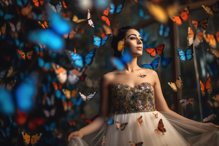 Beautiful brunette woman wearing shiny dress surrounded by butterflies in the room. Generative AI vertical shotの素材