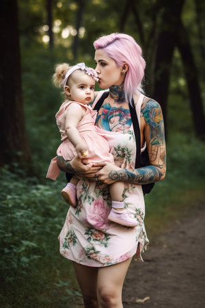 Tattooed modern young mom holding her little baby daughter while walking in the park. Generative AI vertical shotの素材