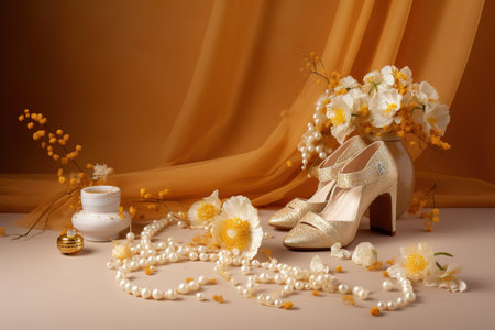 Wedding shoes with pearls and flowers around. Close up shot. Generative AIの素材